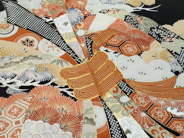 平和屋着物■豪華黒留袖 駒刺繍 束ね熨斗花文 金彩 正絹 逸品 CABF6823fb