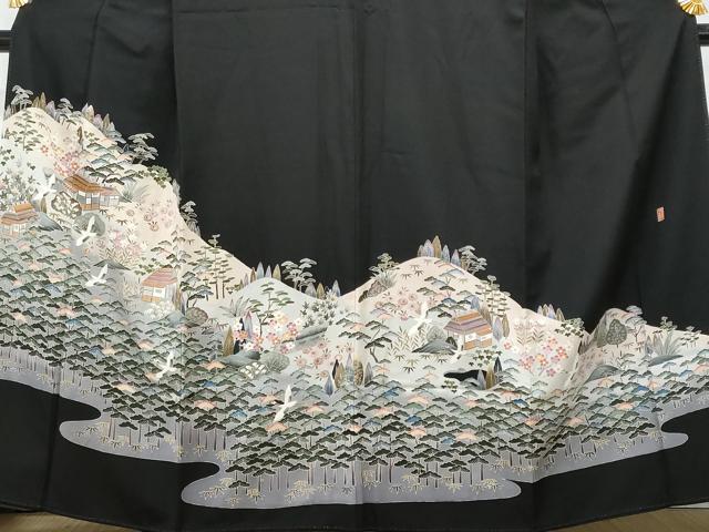 平和屋着物■豪華黒留袖 友禅 作家物 飛鶴風景文 正絹 逸品 CABF6881fb