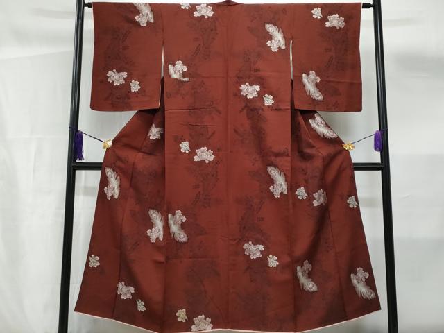 平和屋着物■上質なお召 孔雀羽花文 銀糸 正絹 逸品 CABF6872fb