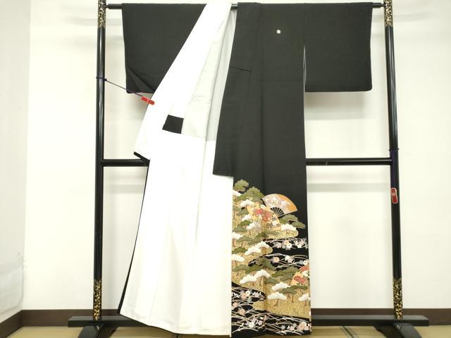 平和屋着物■豪華黒留袖 駒刺繍 扇面花文 金彩 正絹 逸品 DABE7732cd