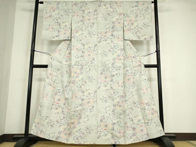 平和屋着物▽小千谷紬 単衣 花尽くし 正絹 逸品 DABE4417az