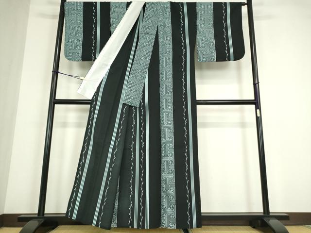 平和屋着物▽小紋 単衣 紗綾型間道 黒地 洗える着物 DABE4424az