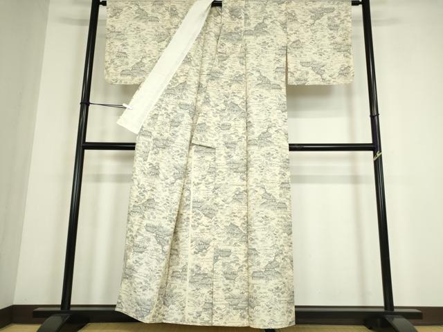 平和屋着物▽上質な紬 単衣 風景花文 正絹 逸品 DABE4441az