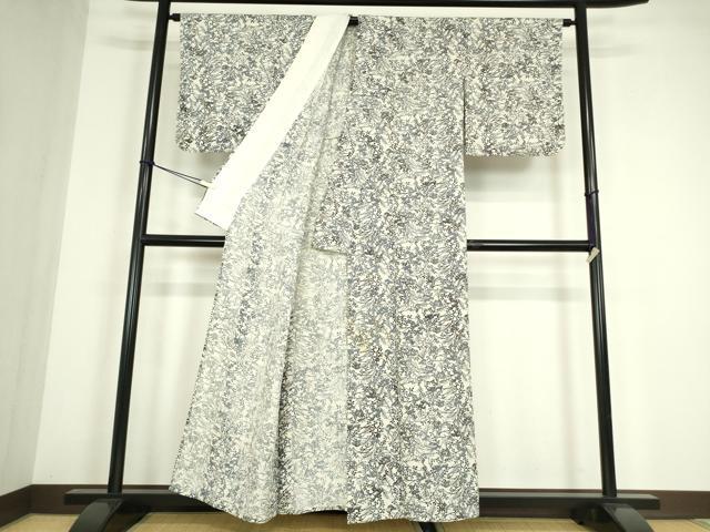 平和屋着物▽上質な小紋 単衣 紬地 型染め 草花文 正絹 逸品 DABE4465az
