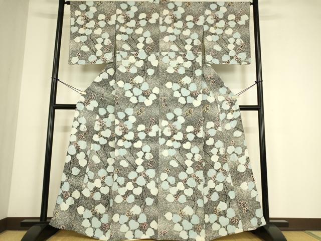 平和屋着物▽上質な小紋 単衣 枝葉文 たたき染め 黒地 正絹 逸品 DABE4496az