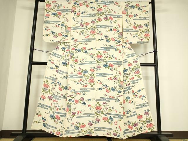 平和屋着物▽上質な小紋 単衣 型染め エ霞花文 正絹 逸品 DABE4498az