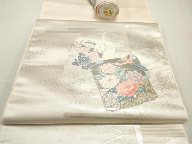 平和屋着物▼西陣 名古屋帯 帯反物 唐織 色紙枝花文 プラチナ箔 証紙付き 逸品 未使用 DABE6724zy