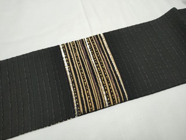 平和屋着物●九寸名古屋帯 横段文 黒地 金彩 正絹 逸品 CABF8640hy