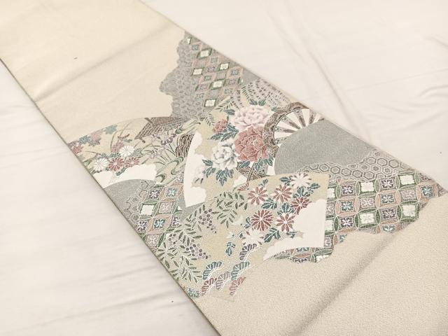 平和屋着物◎太鼓柄袋帯 綴れ 地紙花車文 銀彩 正絹 逸品 BAAX2241hv