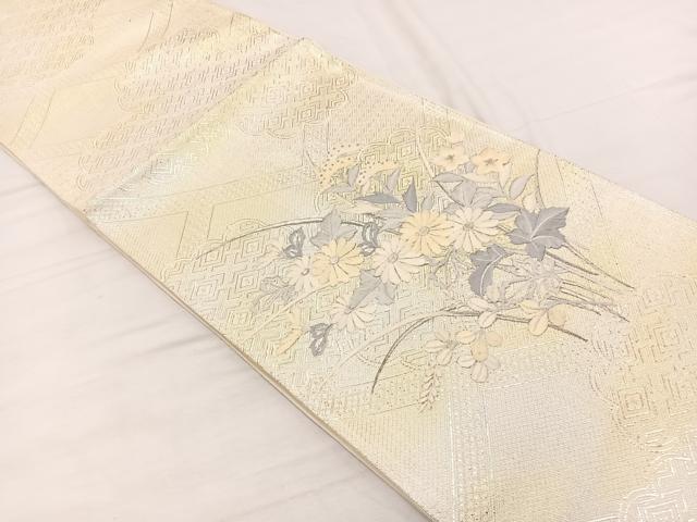 平和屋着物◎太鼓柄袋帯 刺繍 草花文 銀糸 正絹 逸品 BAAX2255hv