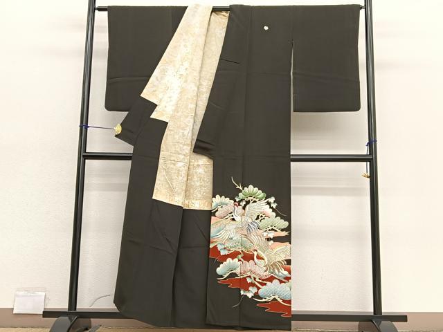 平和屋着物■豪華黒留袖 刺繍 松飛鶴文 金銀彩 正絹 逸品 BAAX2040hv