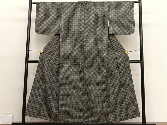 平和屋着物■上質なお召 菱文様 黒地 正絹 逸品 BAAX2065hv