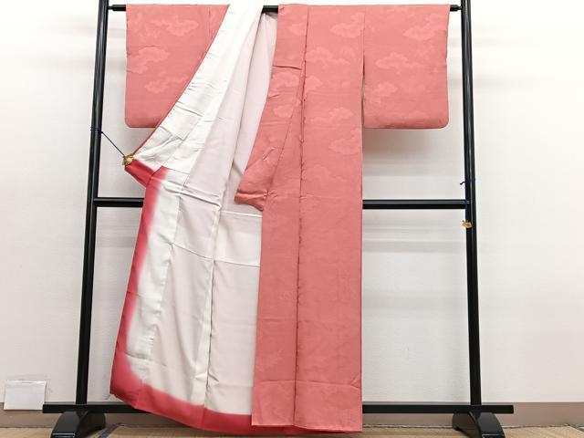 平和屋着物■上質な色無地 雲取り渡橋地紋 鉛丹色 正絹 逸品 BAAX2142hv