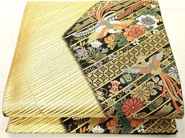 平和屋着物◎六通柄袋帯 唐織 花鳥文 宝尽くし 黒地 金糸 正絹 逸品 DABE7857cd
