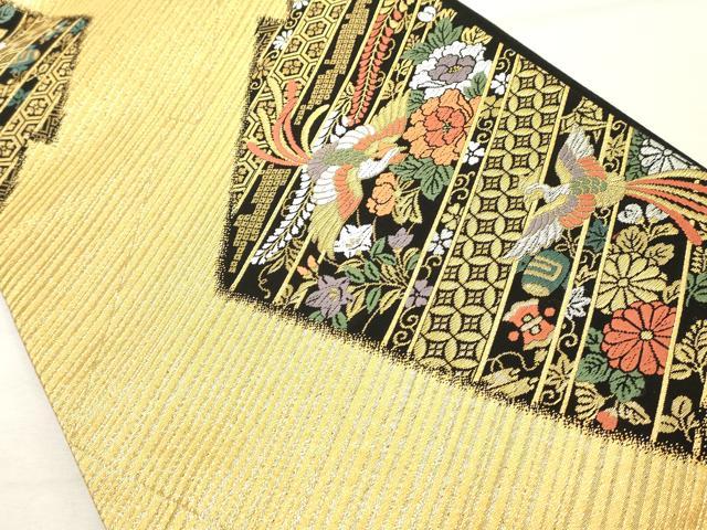 平和屋着物◎六通柄袋帯 唐織 花鳥文 宝尽くし 黒地 金糸 正絹 逸品 DABE7857cd
