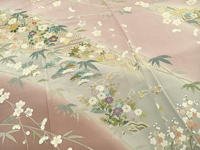 平和屋着物●訪問着 作家物 中国三大刺繍 汕頭刺繍 スワトウ刺繍 草花文 暈し染め 金糸 正絹 逸品 AABI1341fy