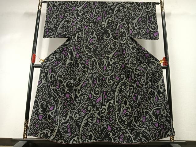 平和屋着物●上質な小紋 総絞り 唐草花文 黒地 正絹 逸品 AABI1337fy