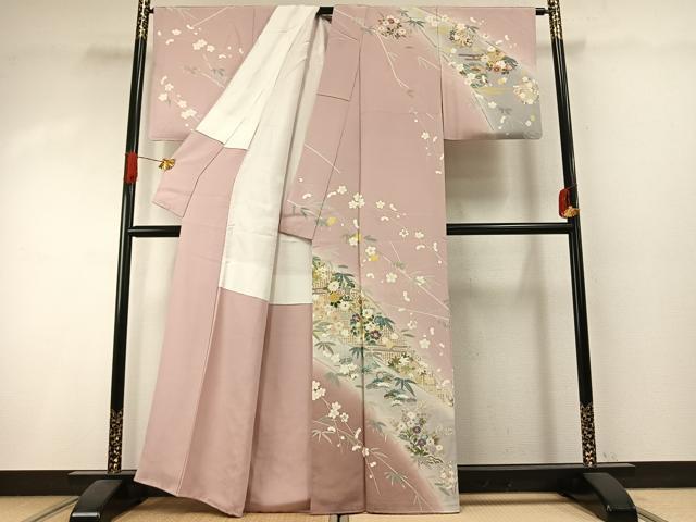 平和屋着物●訪問着 作家物 中国三大刺繍 汕頭刺繍 スワトウ刺繍 草花文 暈し染め 金糸 正絹 逸品 AABI1341fy