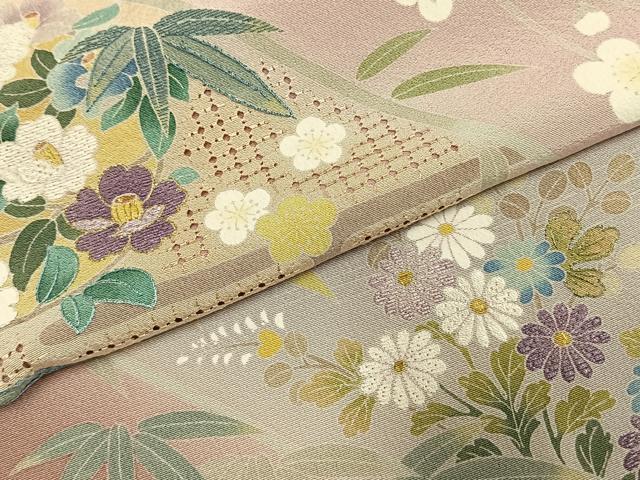 平和屋着物●訪問着 作家物 中国三大刺繍 汕頭刺繍 スワトウ刺繍 草花文 暈し染め 金糸 正絹 逸品 AABI1341fy