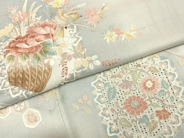 平和屋着物●訪問着 蘇州刺繍 亀甲花鳥文 暈し染め 正絹 逸品 AABI1340fy