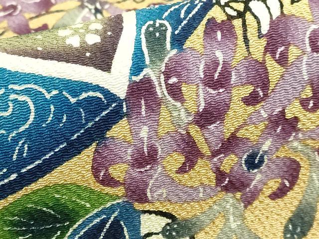 平和屋本店●最高級 城間栄順 本場琉球紅型 九寸名古屋帯 花 薄い飴色地 鬼しぼ縮緬 逸品 DZAB6655kh6