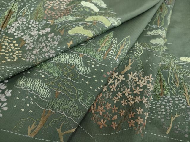 平和屋着物●本場縞大島紬 訪問着 総刺繍 樹林風景 正絹 逸品 DABE5445ps