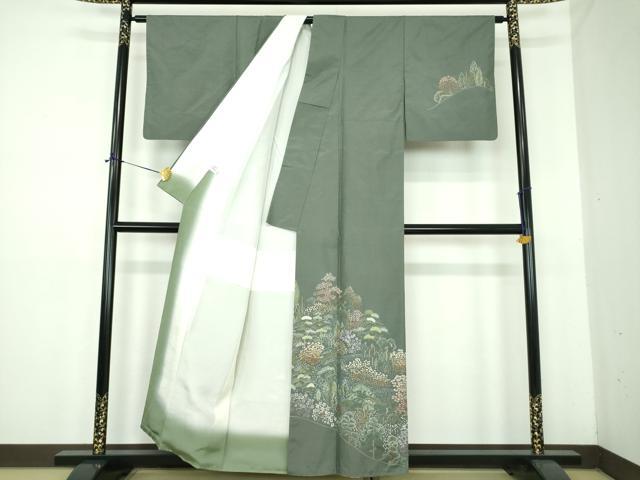 平和屋着物●本場縞大島紬 訪問着 総刺繍 樹林風景 正絹 逸品 DABE5445ps