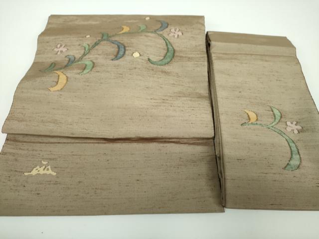 平和屋着物●絲藝苑 上島洋山 つけ帯 紬地 草花文 正絹 逸品 未使用 DABE5617ps