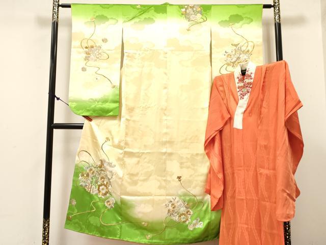 平和屋着物∵女の子 十三参り 子供 祝着・長襦袢(無双仕立て・半衿刺繍)セット 刺繍 源氏車花文 暈し染め 金銀糸 逸品 DABE7097ma