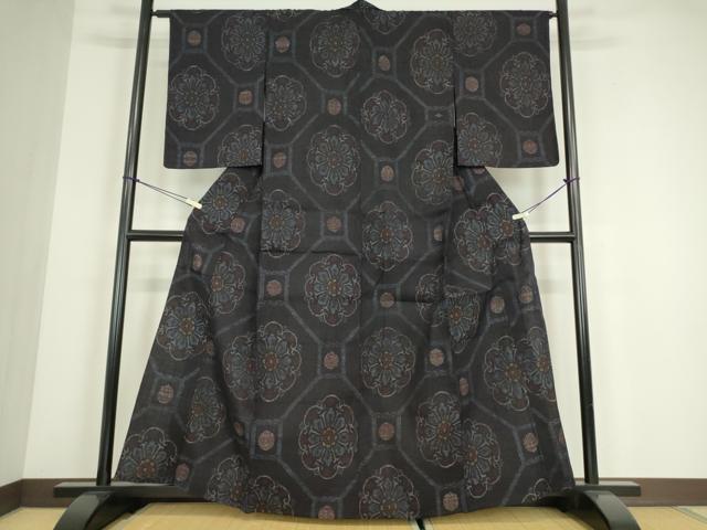 平和屋着物▽結城ちぢみ 単衣 正倉院亀甲花文 正絹 逸品 DABE4517az