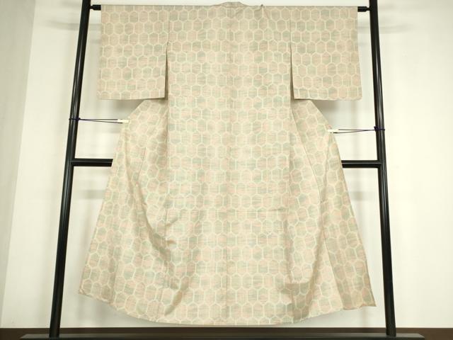 平和屋着物▽上質な紬 単衣 亀甲柄 正絹 逸品 DABE4546az