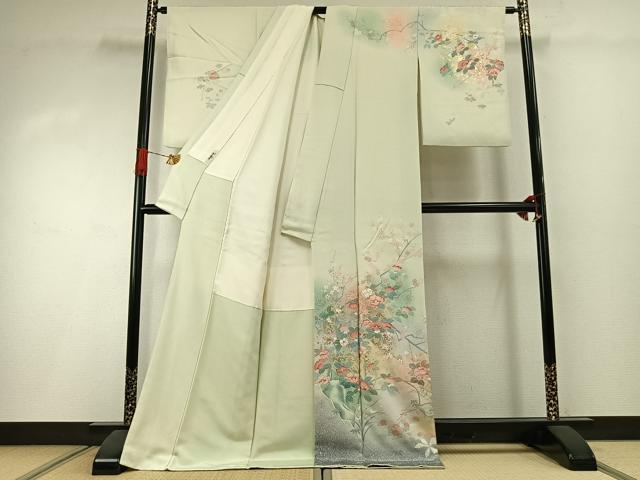 平和屋着物●訪問着 友禅 花鳥文 暈し染め 金銀彩 ロング丈 正絹 逸品 AABI1539fy