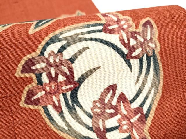 平和屋着物●日本工芸会正会員 大村禎一 九寸開き名古屋帯 紬地 型染め 花丸文 正絹 逸品 CABG6111hy