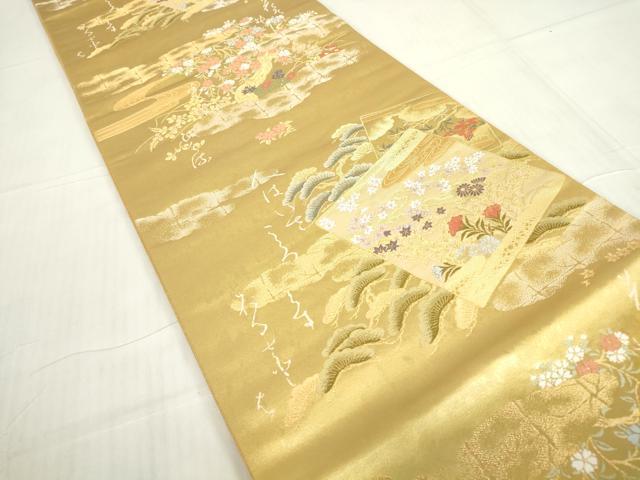 平和屋着物▼六通柄袋帯 百人一首 金糸 正絹 逸品 DABE4600az