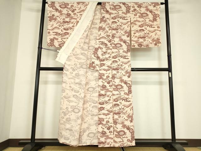 平和屋着物▽上質な小紋 単衣 型染め 松竹梅 正絹 逸品DABE4680az