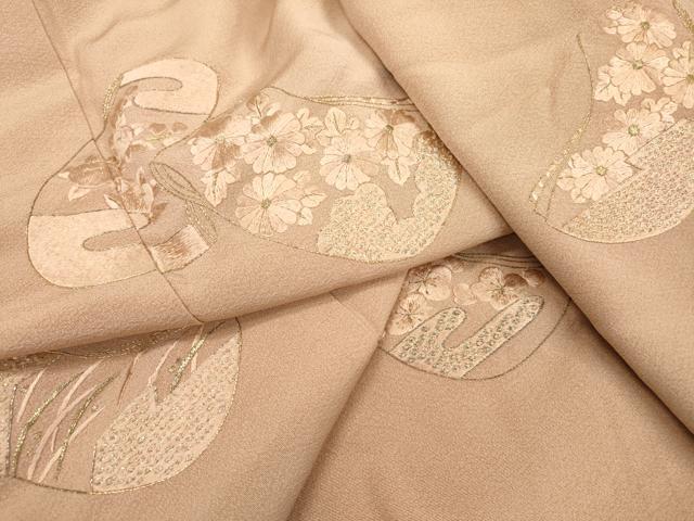 平和屋着物▼訪問着 総刺繍 誰が袖花文 金銀糸 洗柿色 正絹 逸品 DABF2074fe
