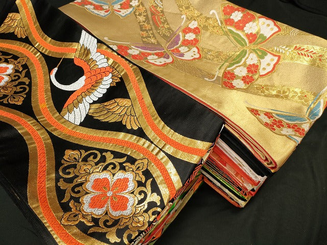 平和屋本店■子供帯 まとめて 35点 向かい鳳凰 向かい鶴 折り鶴 蝶 花柄 七宝 金銀糸 など 着用可能多数 未使用品あり se030