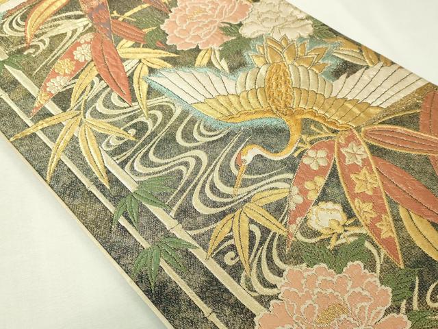 平和屋本店▼六通柄袋帯 寿鶴梅花文 本金箔 正絹 逸品 DABE9422sf