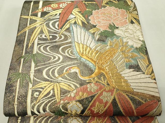 平和屋本店▼六通柄袋帯 寿鶴梅花文 本金箔 正絹 逸品 DABE9422sf