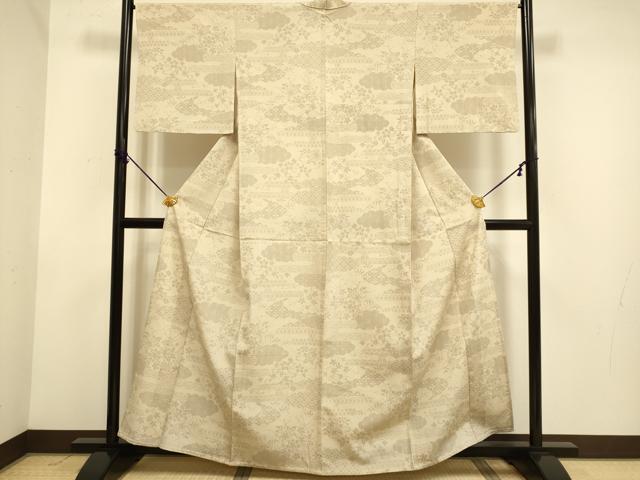 平和屋着物▽本塩沢 単衣 110亀甲 エ霞吉祥花文 正絹 逸品 DABE9981du
