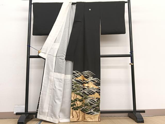 平和屋着物■豪華黒留袖 駒刺繍 飛鶴浜松文 金彩 正絹 逸品 BAAX2462hv