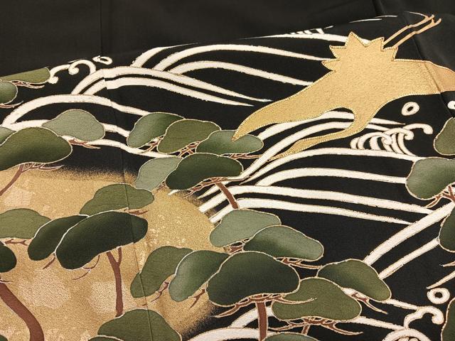 平和屋着物■豪華黒留袖 駒刺繍 飛鶴浜松文 金彩 正絹 逸品 BAAX2462hv
