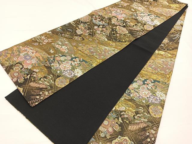 平和屋着物▼全通柄袋帯 唐織 百鐘の世界 黒地 金糸 正絹 逸品 BAAX2313hv