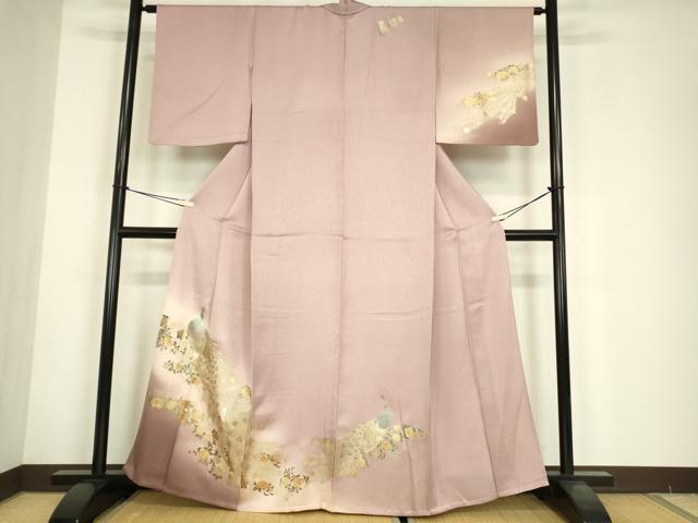 平和屋着物▽訪問着 単衣 孔雀花文 暈し染め 金彩 正絹 逸品 DABE4702az