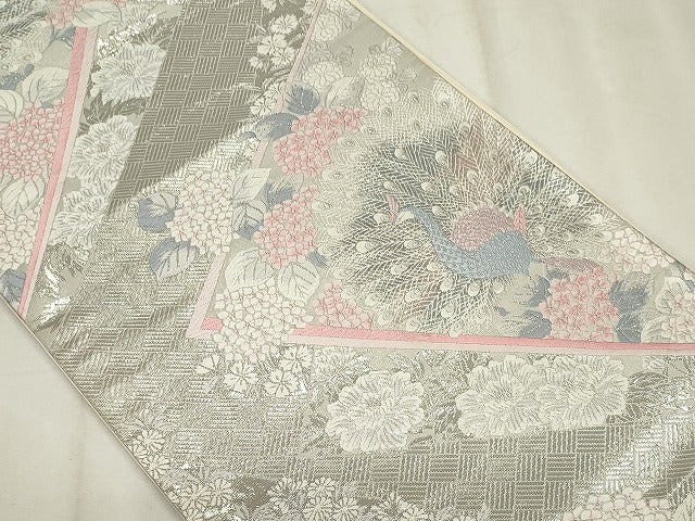 平和屋着物◎六通柄袋帯 唐織 孔雀花文 銀糸 正絹 逸品 CABF6681ou