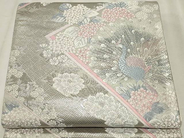 平和屋着物◎六通柄袋帯 唐織 孔雀花文 銀糸 正絹 逸品 CABF6681ou