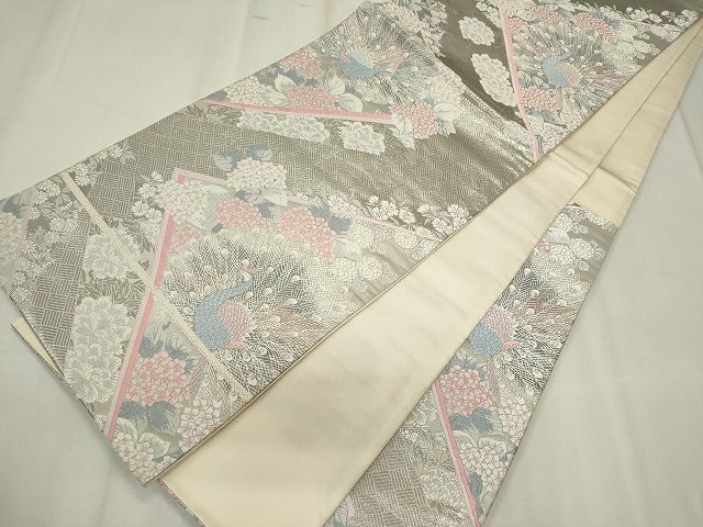 平和屋着物◎六通柄袋帯 唐織 孔雀花文 銀糸 正絹 逸品 CABF6681ou