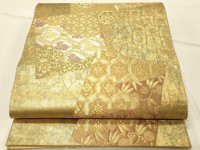 平和屋着物◎六通柄袋帯 青銅金唐織 色紙花文 引箔 三越扱い 正絹 逸品 DABF6617qp