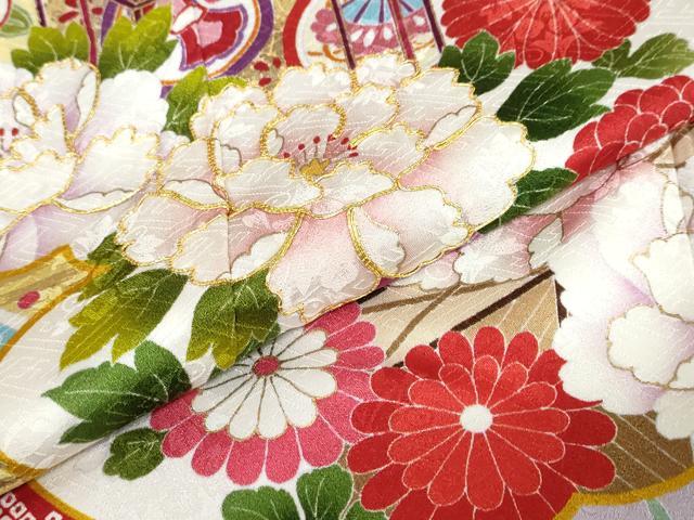 平和屋着物●豪華振袖 駒刺繍 貝桶草花文 金彩 正絹 逸品 DABF1216ud