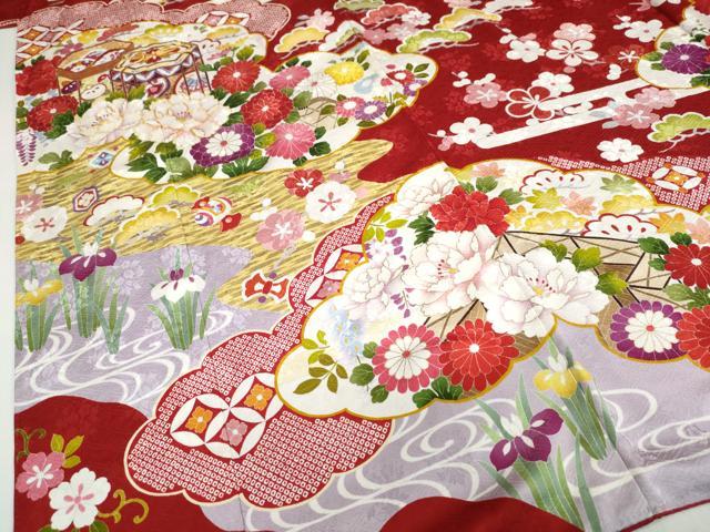 平和屋着物●豪華振袖 駒刺繍 貝桶草花文 金彩 正絹 逸品 DABF1216ud